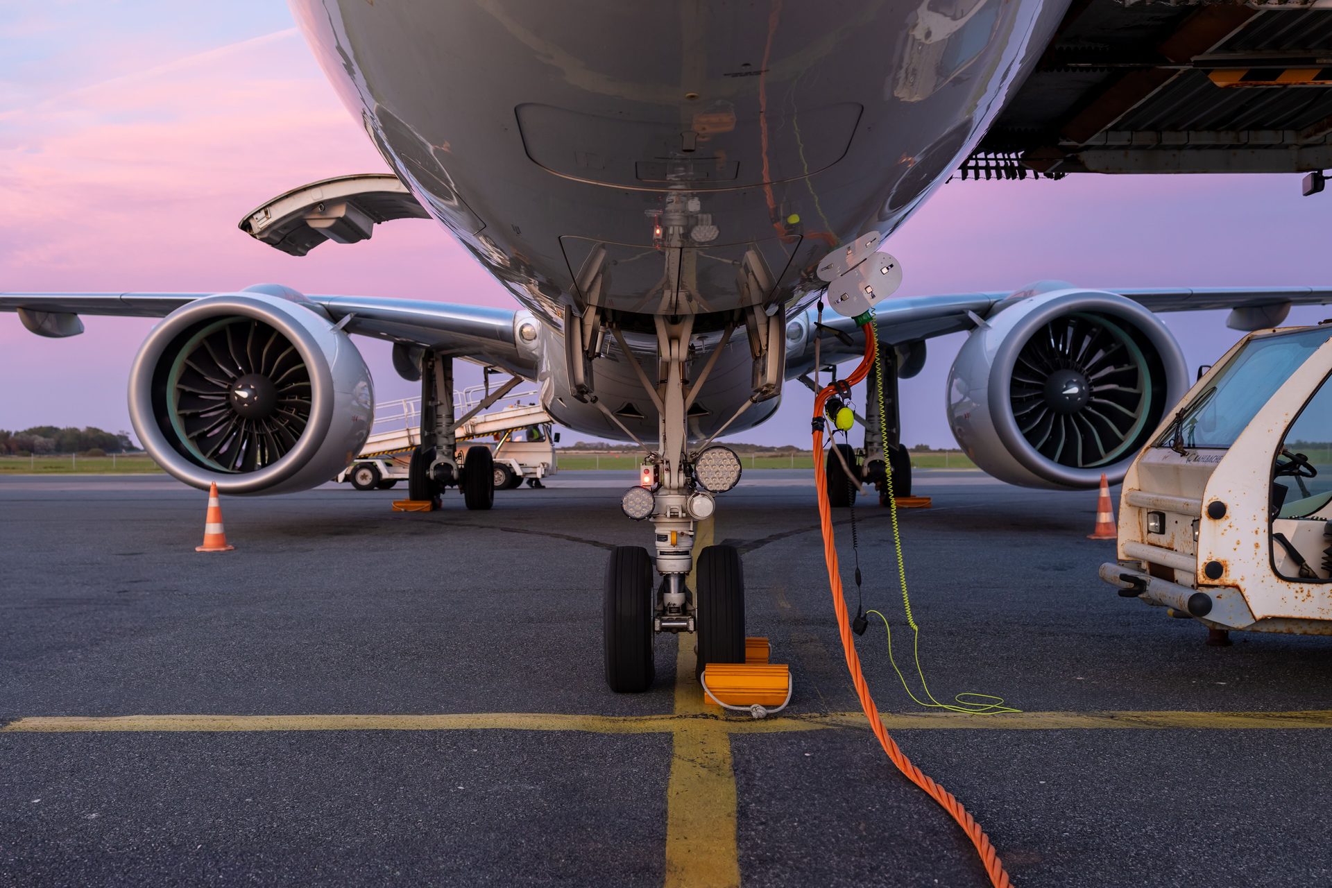 Tren de aterrizaje y motores de un avión de carga en pista